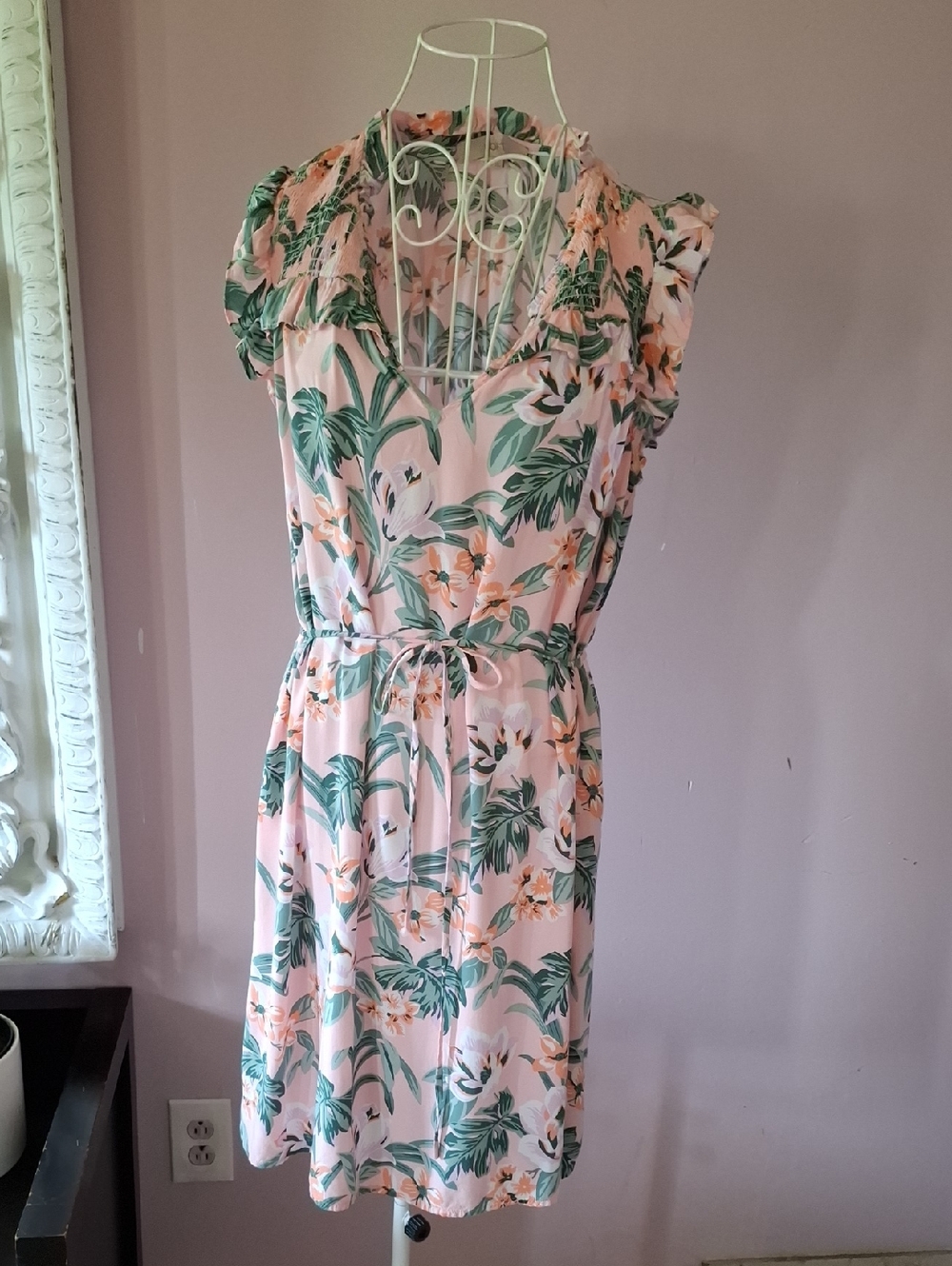 LOFT Pink Floral Midi Dress with Green Leaf Print